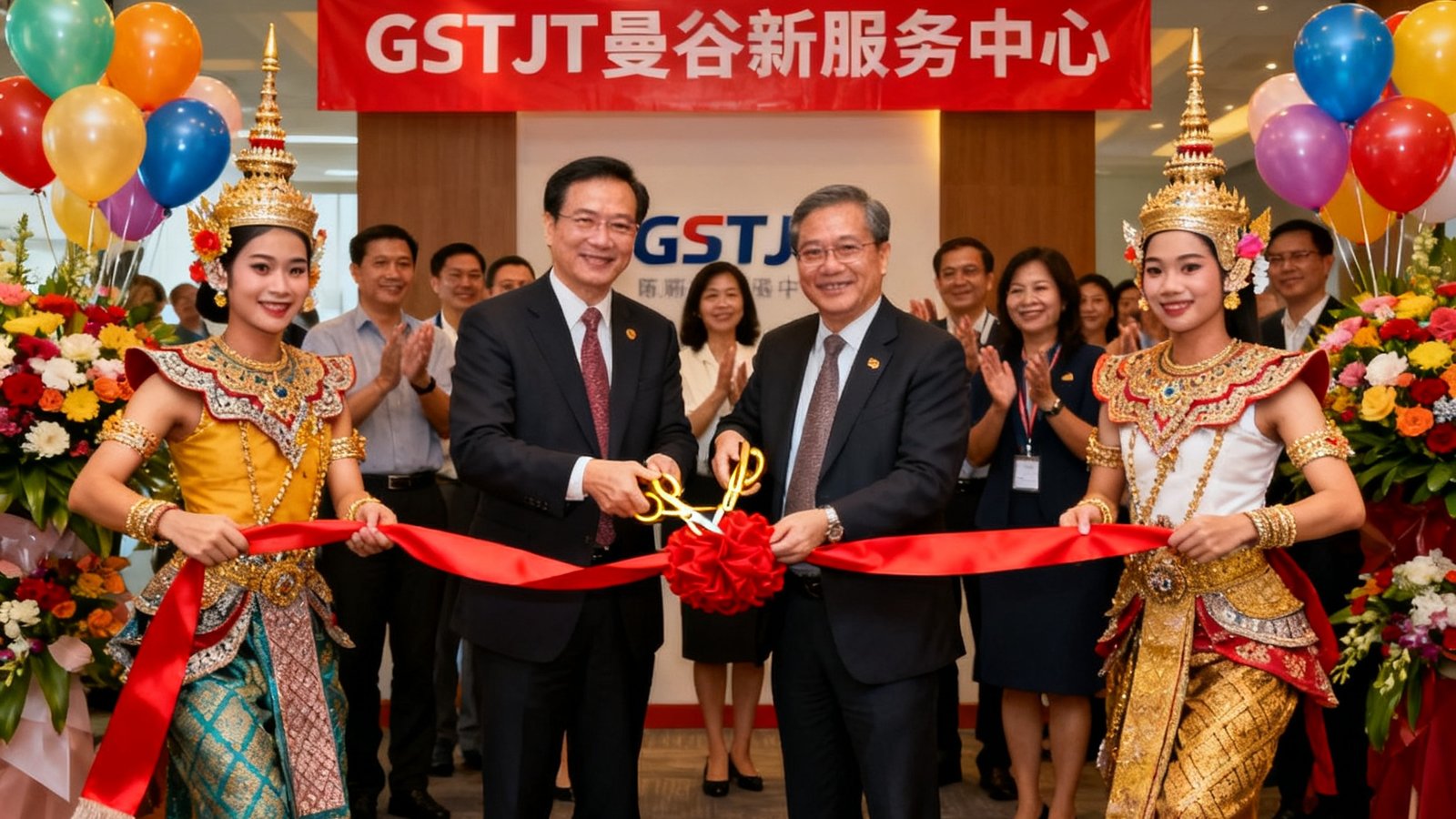 GBTJT曼谷新服务中心开业剪彩仪式，泰国传统舞者在现场表演，陈启明先生与当地合作伙伴共同剪彩，场面热闹喜庆